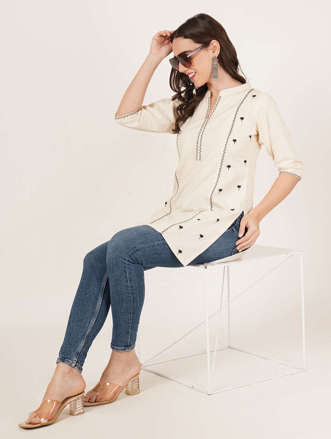 women embroidered three quarter sleeve straight kurti - 22065271 -  Standard Image - 6