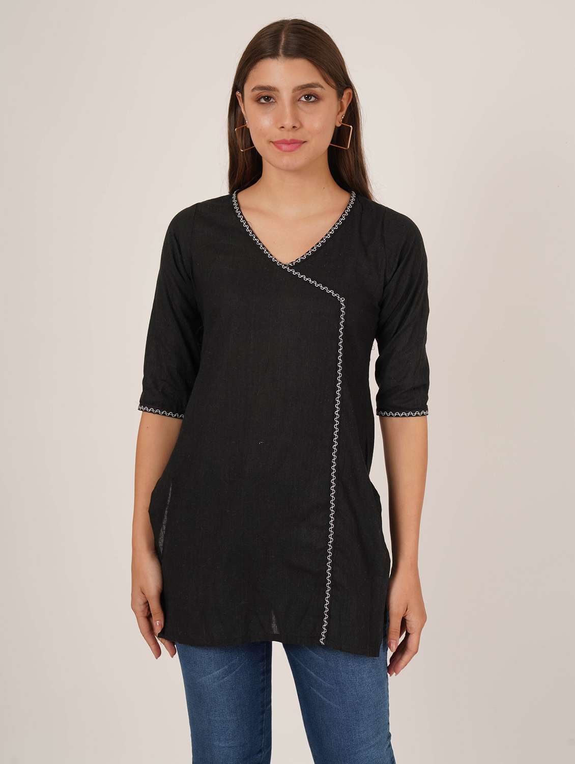 women embroidered three quarter sleeve angrakha kurti - 22065273 -  Standard Image - 1