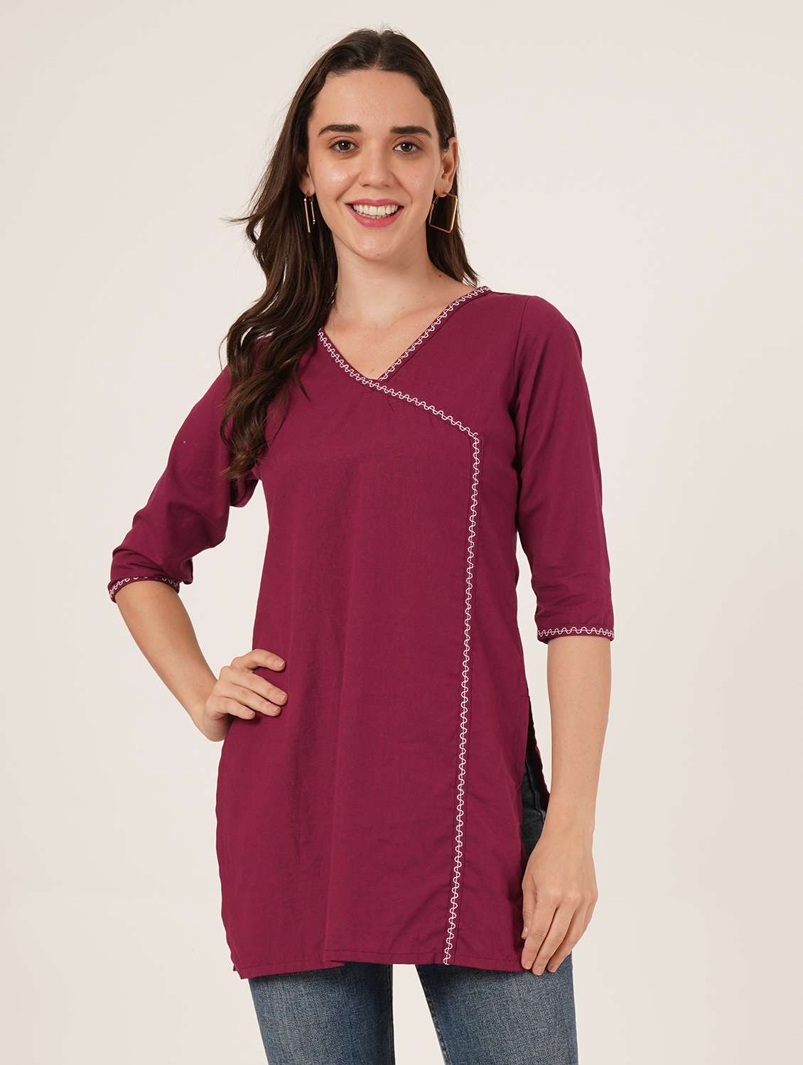 women embroidered three quarter sleeve angrakha kurti