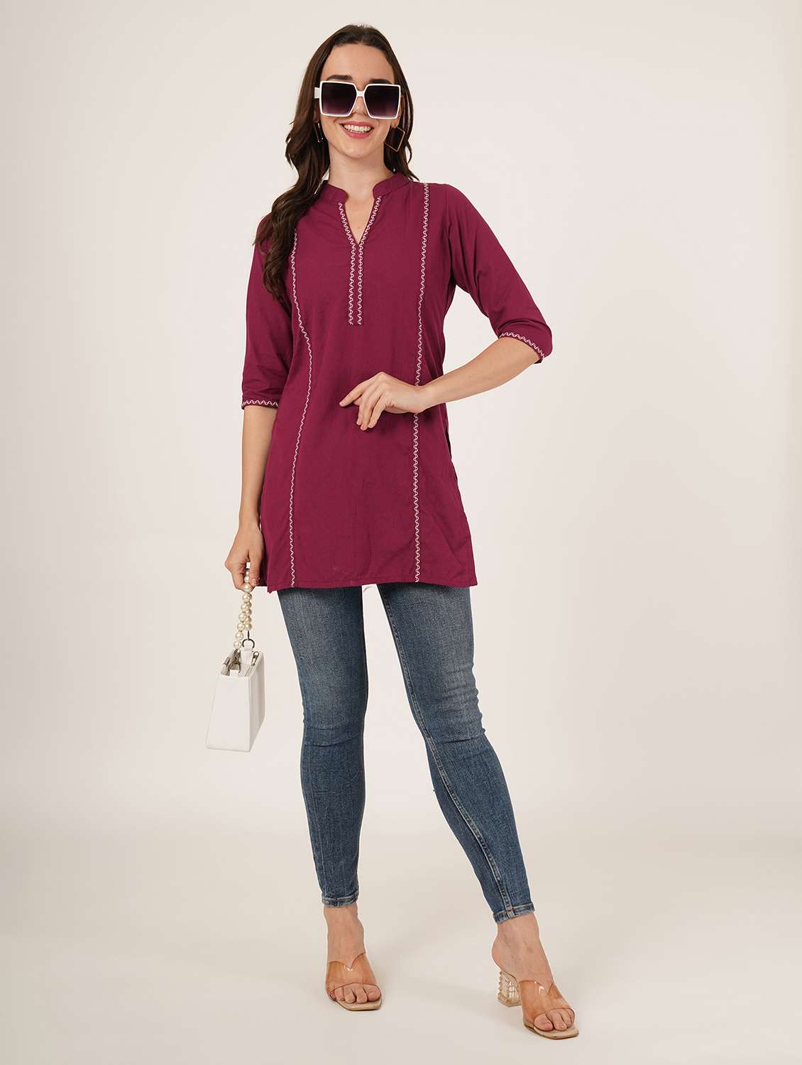 women embroidered three quarter sleeve straight kurti - 22065277 -  Standard Image - 6