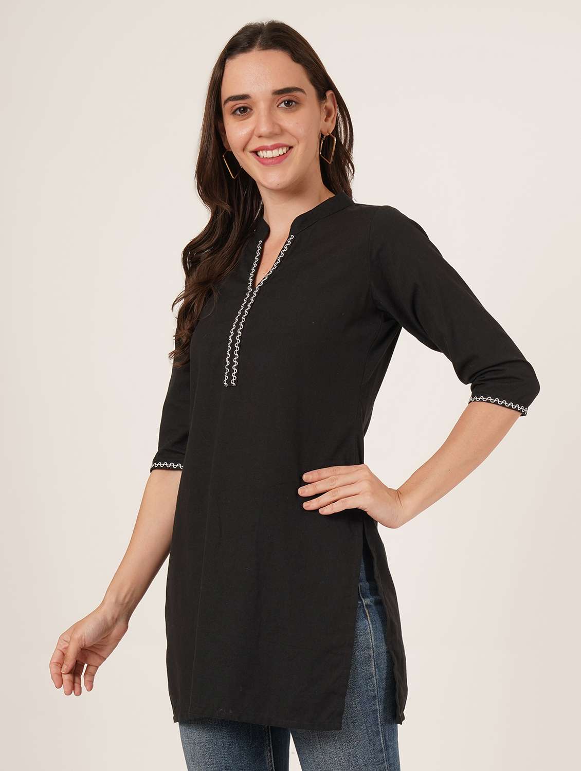 women solid three quarter sleeve straight kurti - 22065279 -  Standard Image - 1