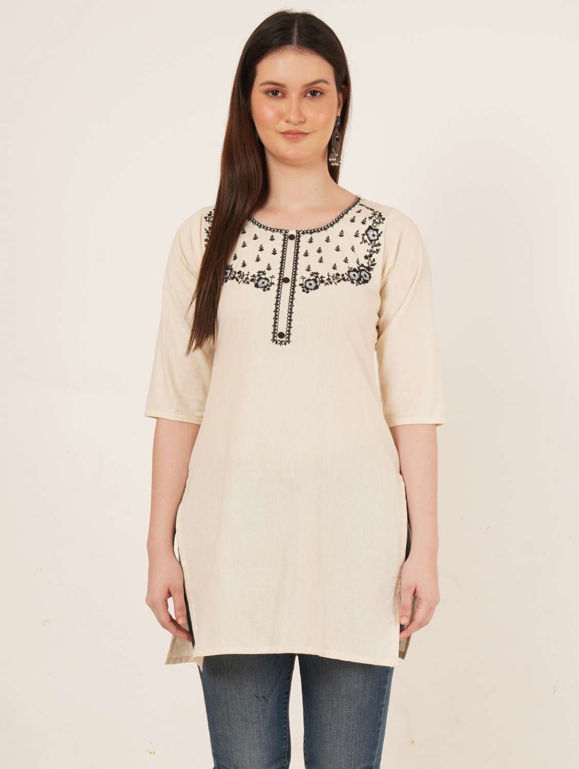 women embroidered three quarter sleeve straight kurti - 22065281 -  Standard Image - 1