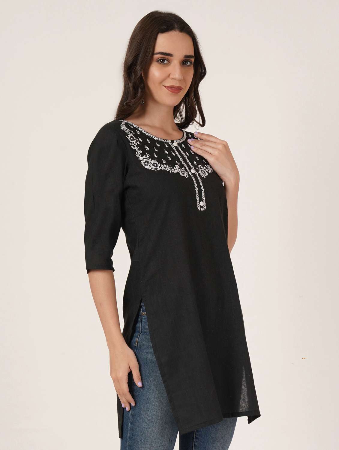 women embroidered three quarter sleeve straight kurti - 22065282 -  Standard Image - 1