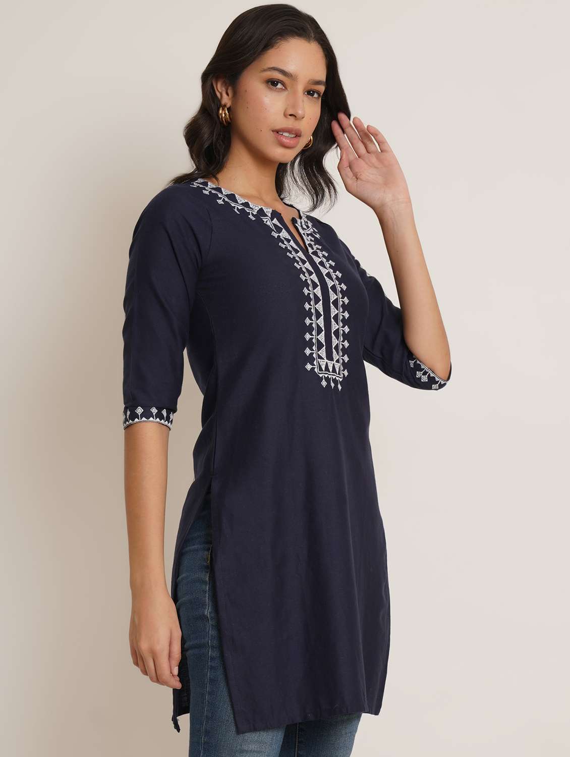 women solid wiith work sleeveless straight kurti - 22065283 - Standard Image - 1