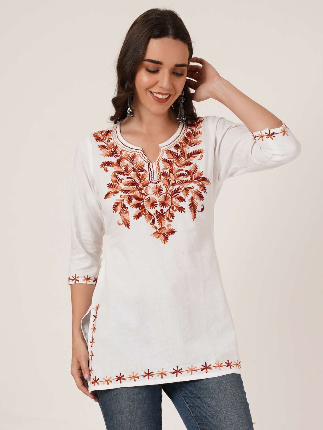 women embroidered three quarter sleeve straight kurti - 22065828 -  Standard Image - 1