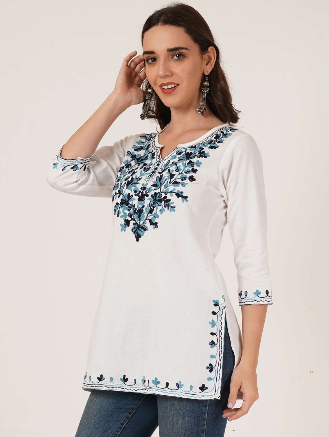 women embroidered three quarter sleeve straight kurti - 22065829 - Standard Image - 1