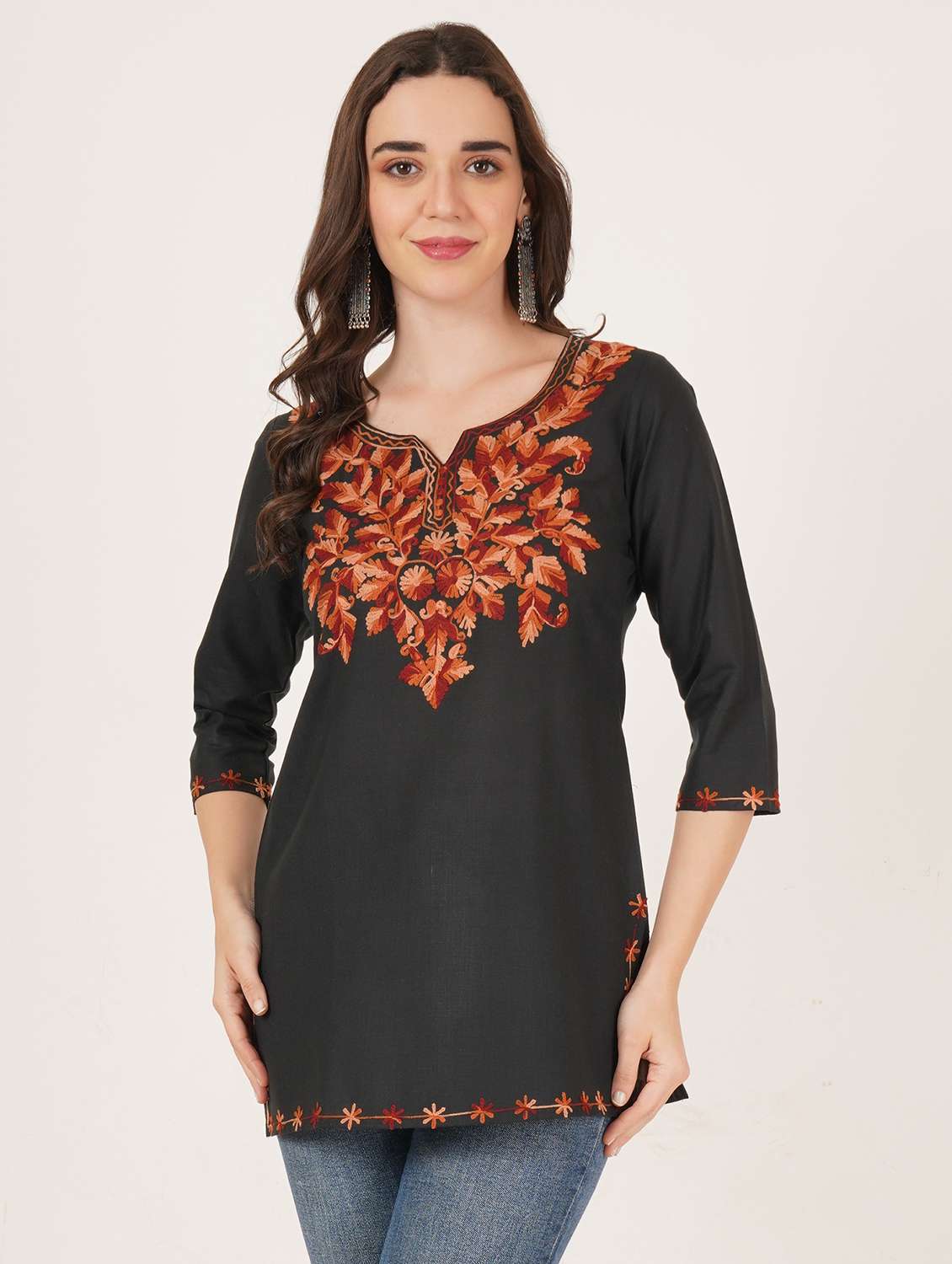 women embroidered three quarter sleeve straight kurti