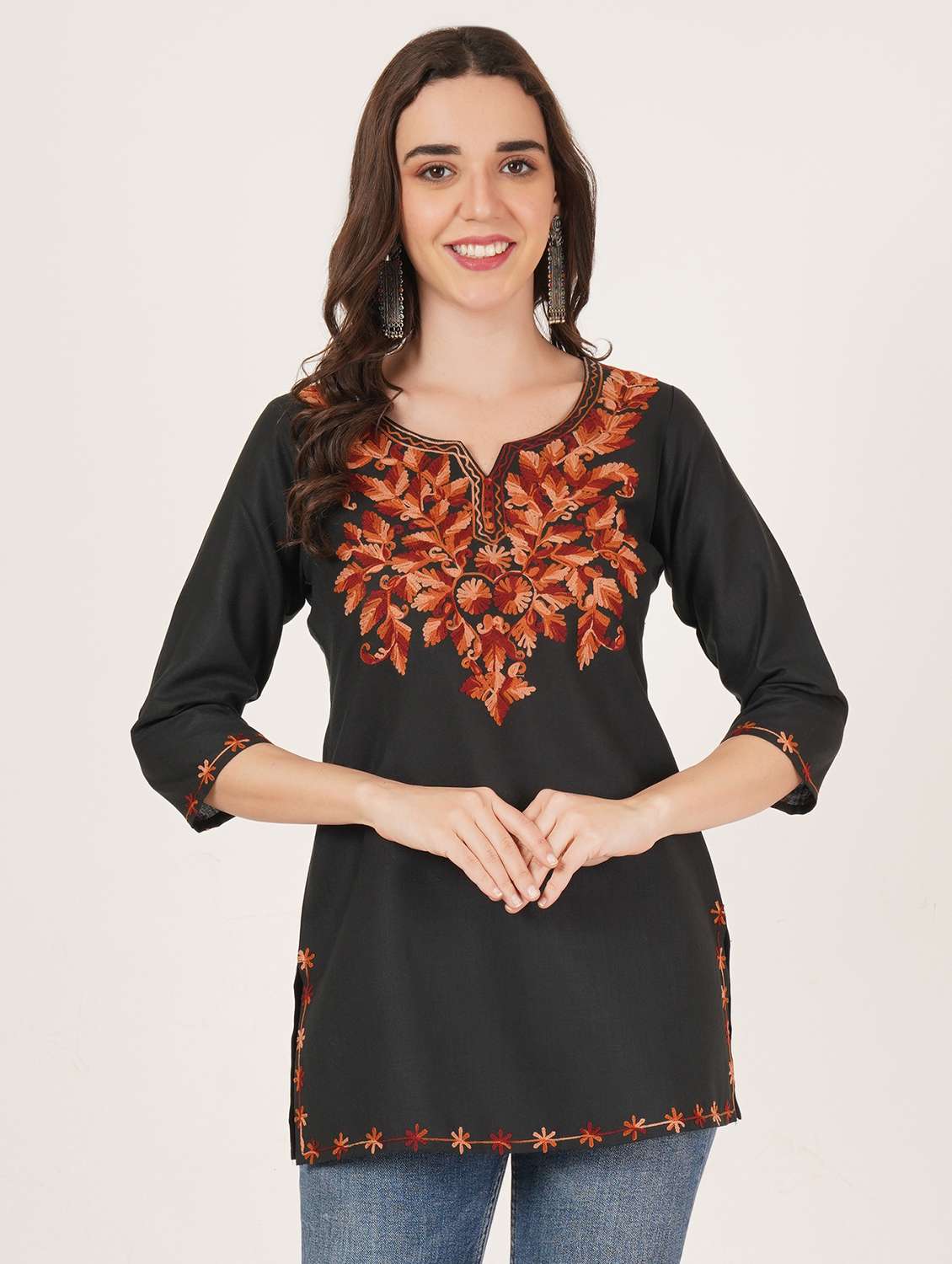 women embroidered three quarter sleeve straight kurti - 22065830 - Standard Image - 1