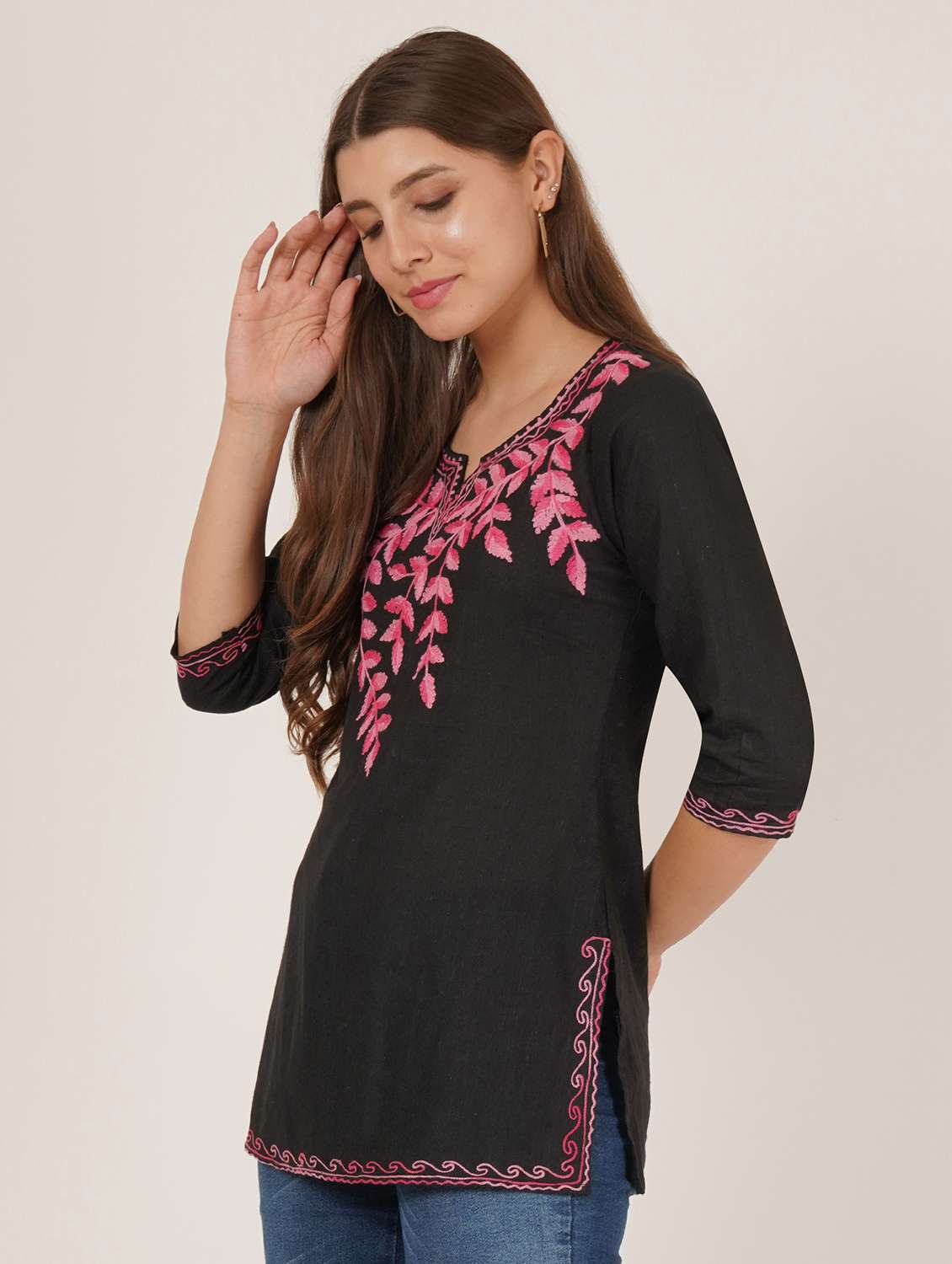 women embroidered three quarter sleeve straight kurti - 22065831 -  Standard Image - 1