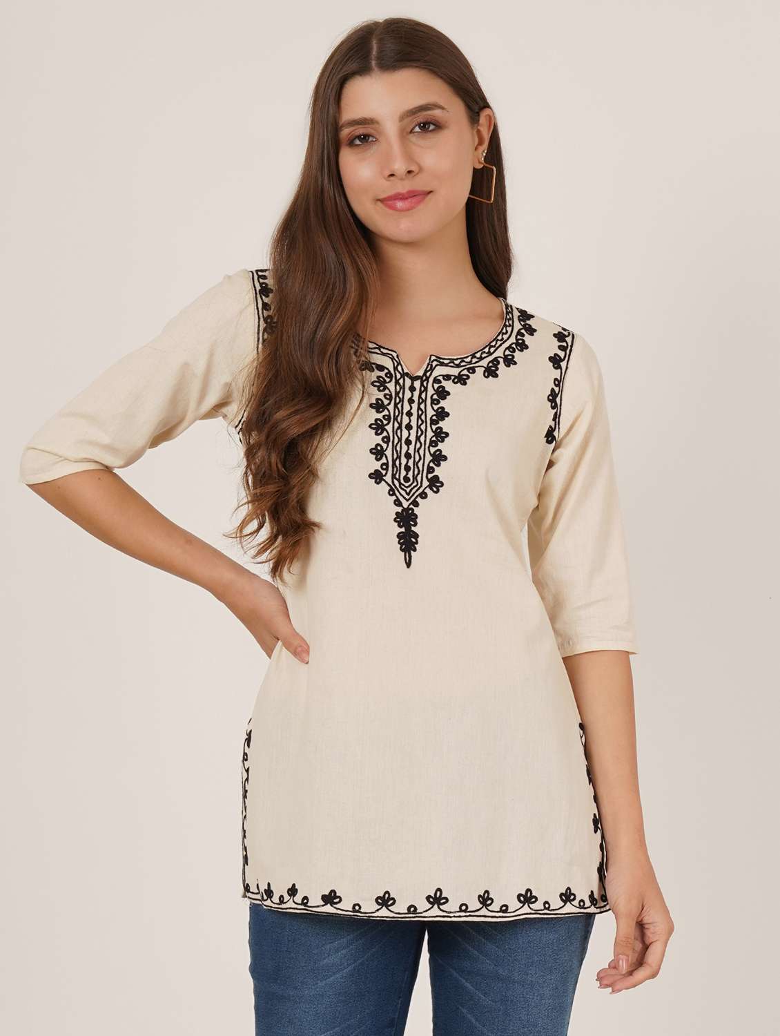 women embroidered three quarter sleeve straight kurti - 22065836 - Standard Image - 1