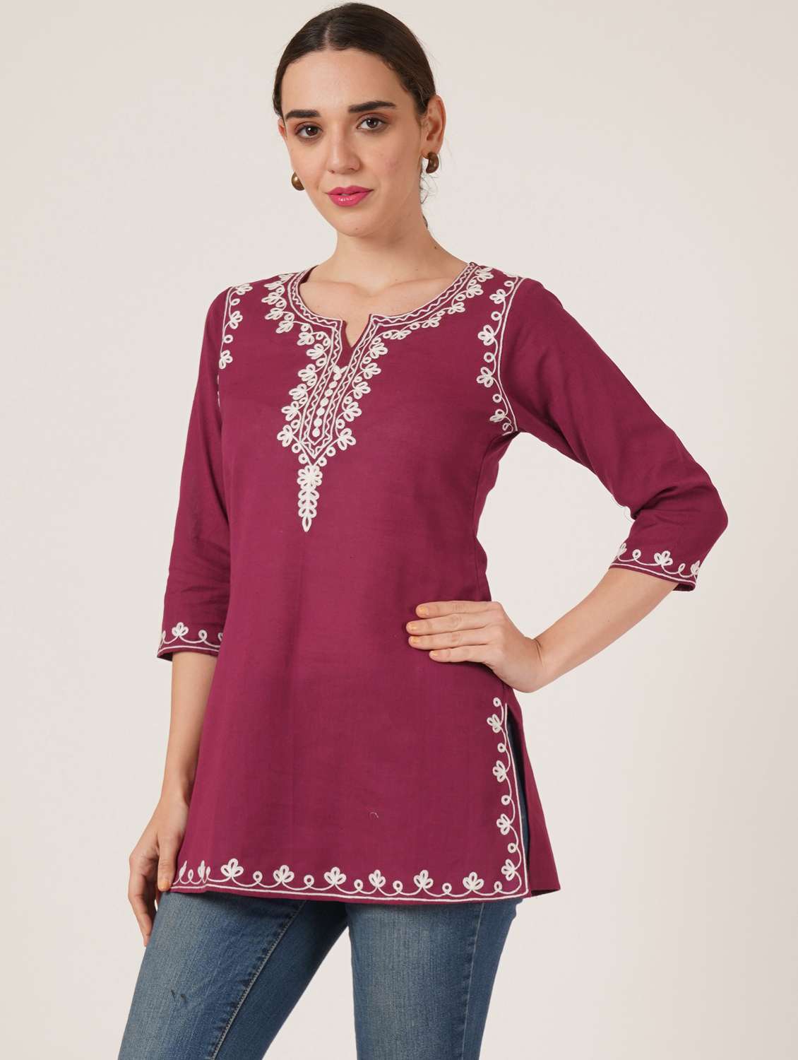 women embroidered three quarter sleeve straight kurti - 22065837 -  Standard Image - 1