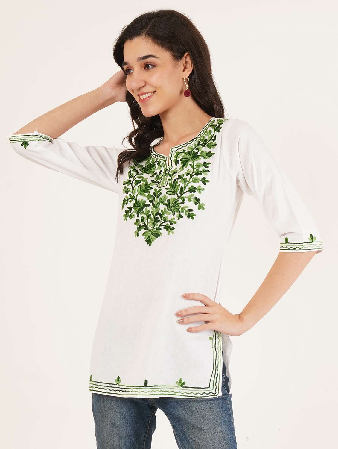 women embroidered three quarter sleeve straight kurti - 22065838 -  Standard Image - 1
