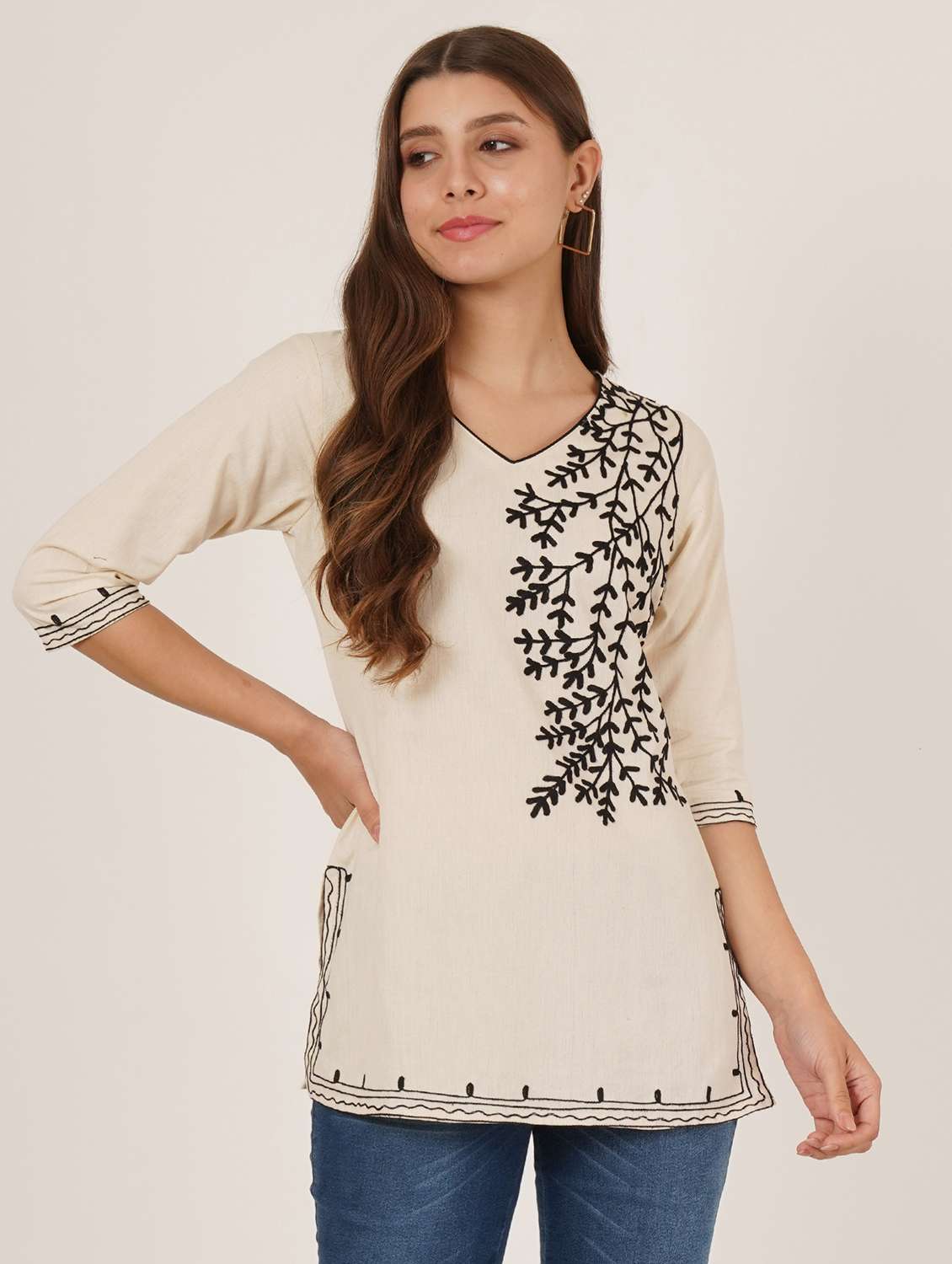women embroidered three quarter sleeve straight kurti - 22065839 -  Standard Image - 1