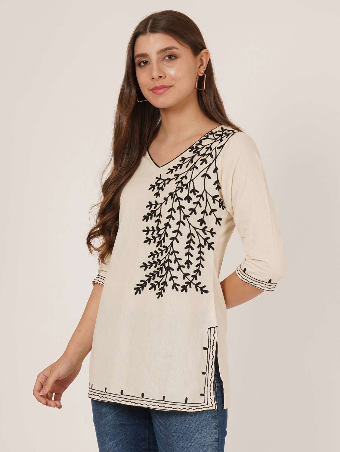 women embroidered three quarter sleeve straight kurti - 22065839 -  Standard Image - 4