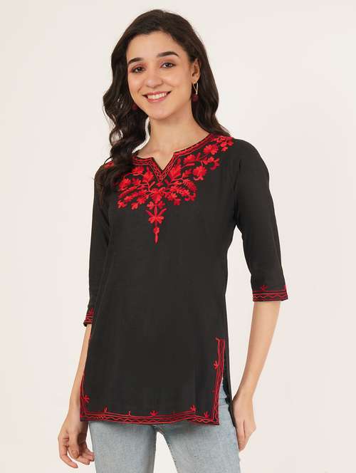 women embroidered three quarter sleeve straight kurti - 22065840 -  Standard Image - 0