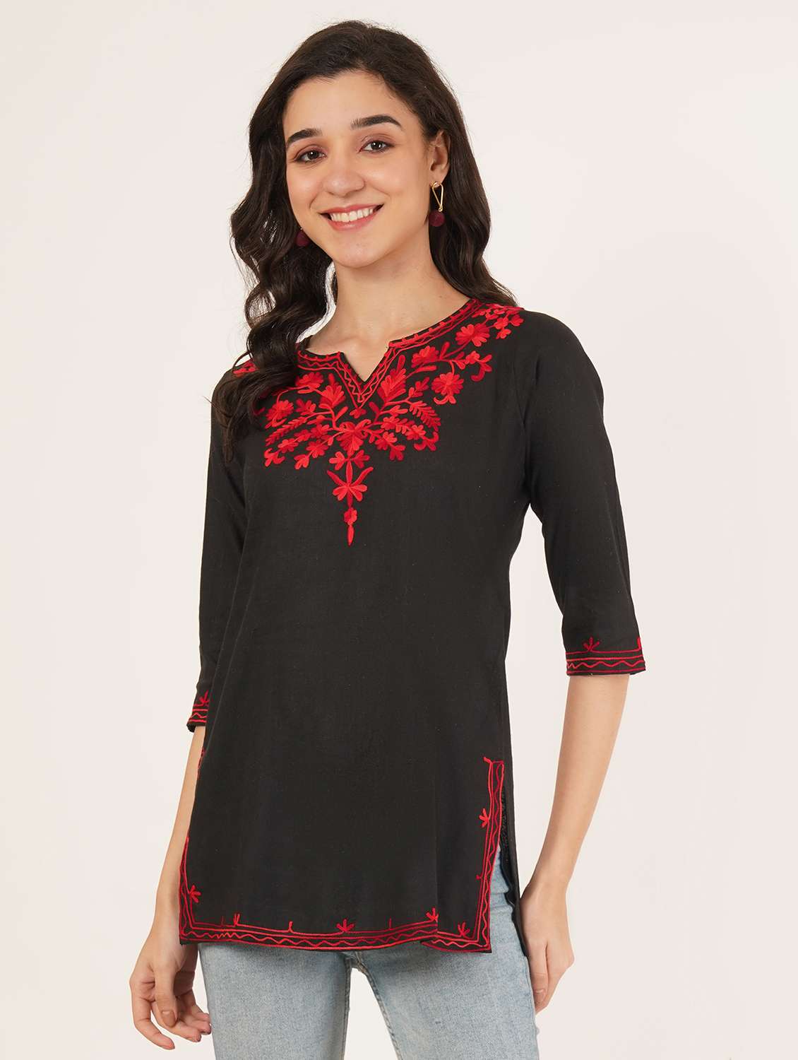 women embroidered three quarter sleeve straight kurti - 22065840 -  Zoom Image - 0
