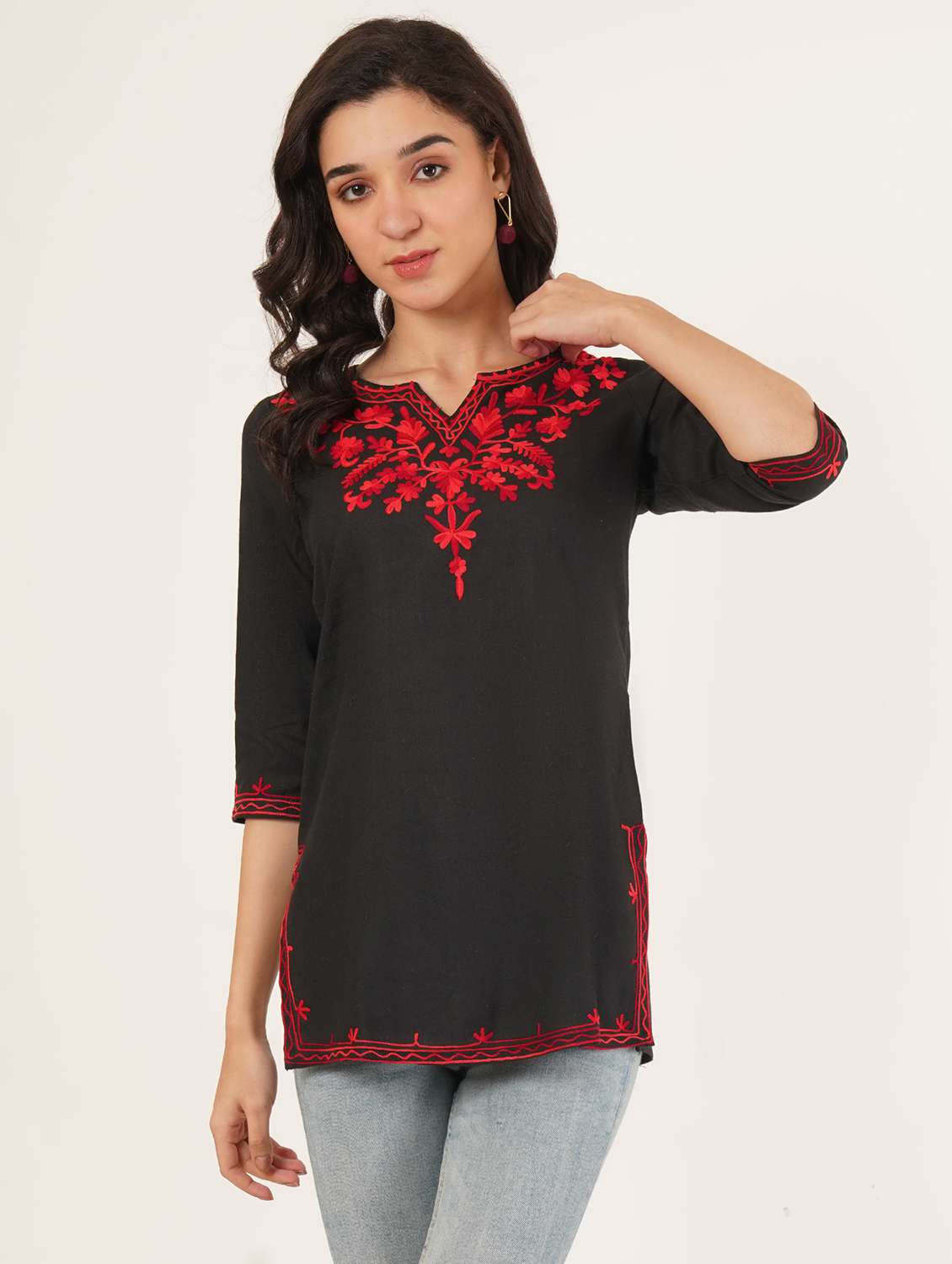 women embroidered three quarter sleeve straight kurti - 22065840 -  Standard Image - 1