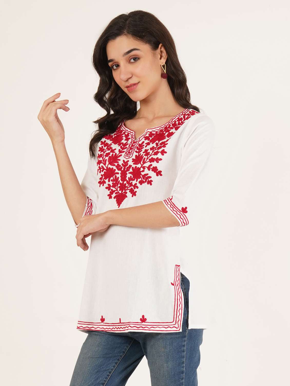 women embroidered three quarter sleeve straight kurti - 22065841 -  Standard Image - 1