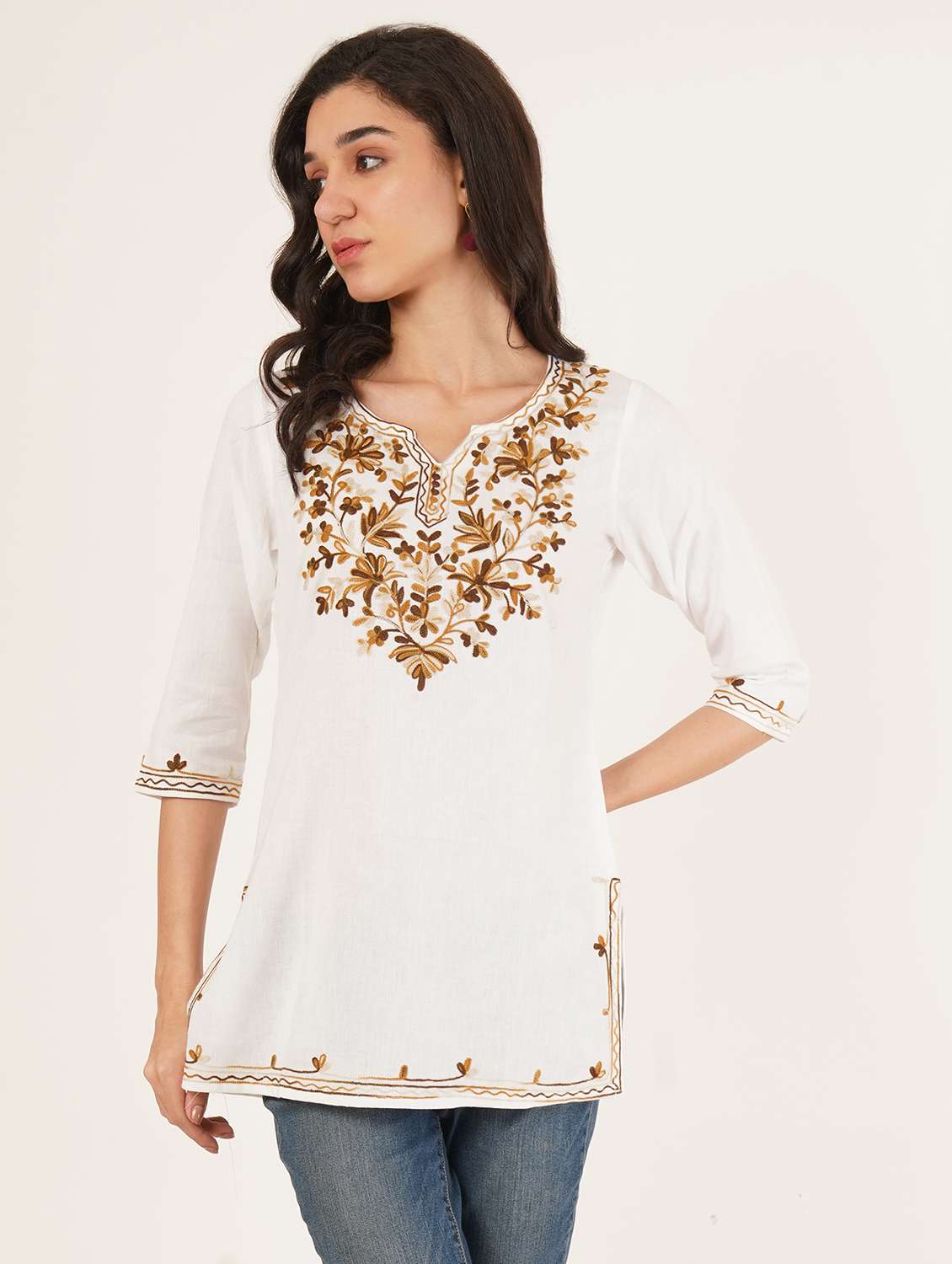 women embroidered three quarter sleeve straight kurti - 22065842 -  Standard Image - 1