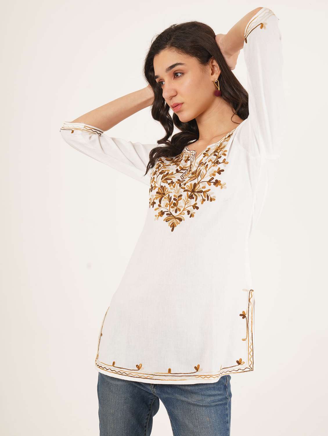 women embroidered three quarter sleeve straight kurti - 22065842 -  Standard Image - 6