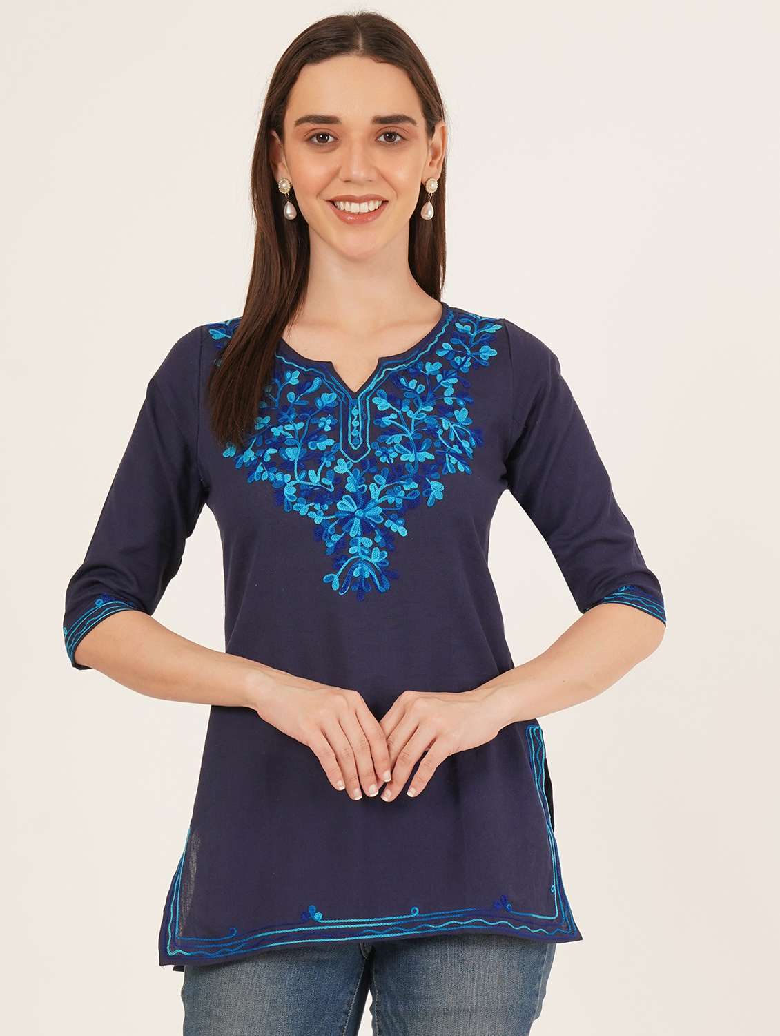 women embroidered three quarter sleeve straight kurti - 22065844 -  Standard Image - 1