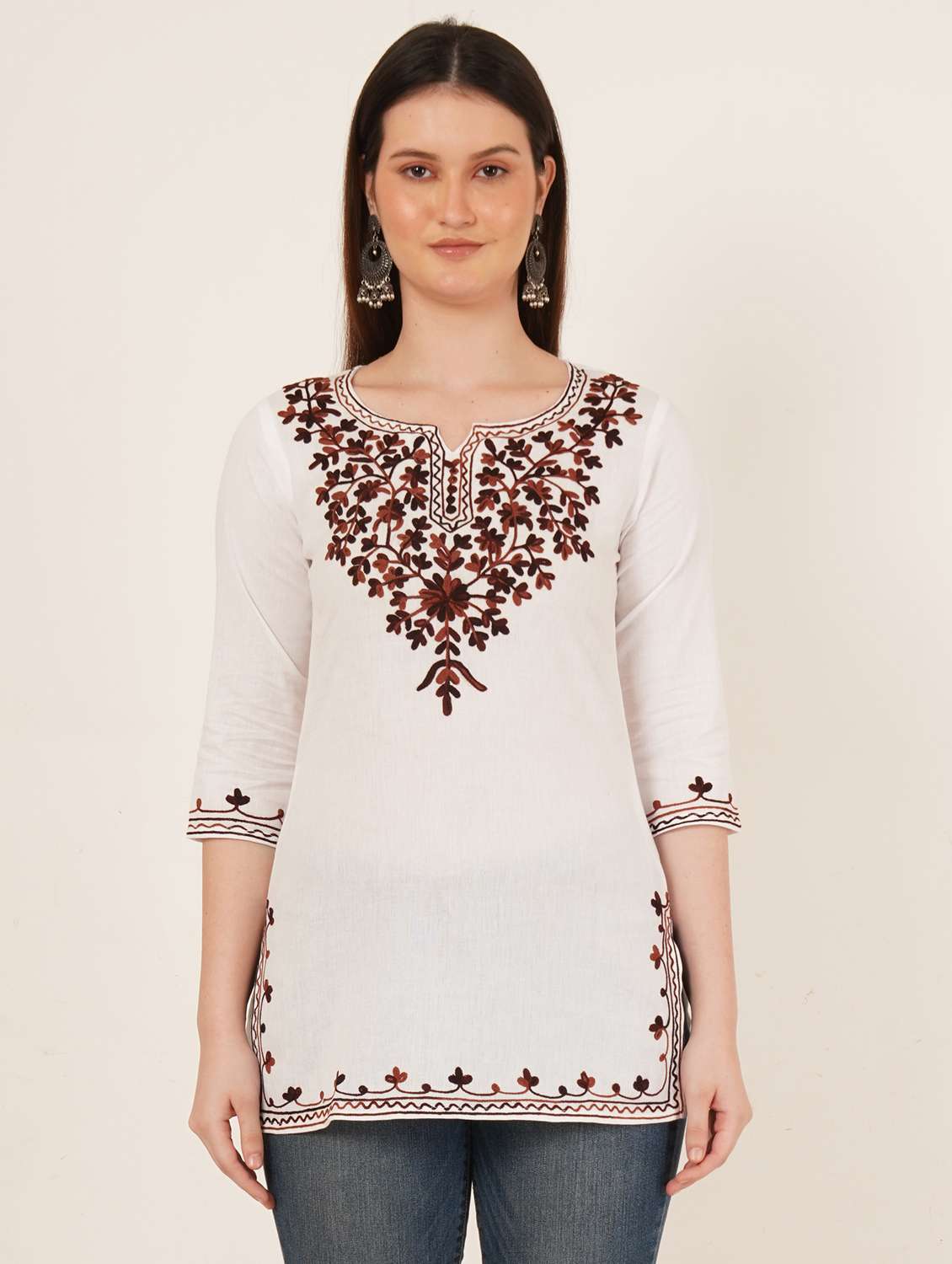 women embroidered three quarter sleeve straight kurti - 22065845 -  Standard Image - 1
