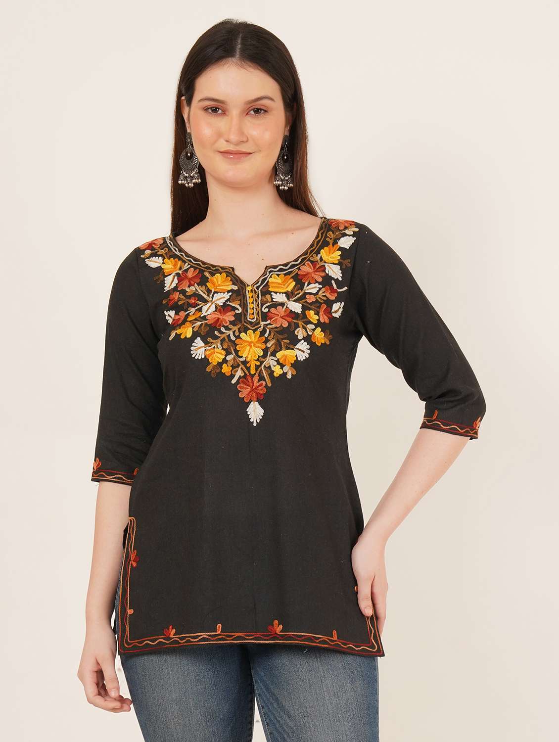 women embroidered three quarter sleeve straight kurti - 22065846 - Zoom Image - 0