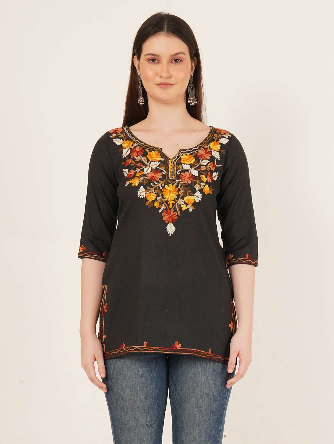 women embroidered three quarter sleeve straight kurti - 22065846 - Standard Image - 1