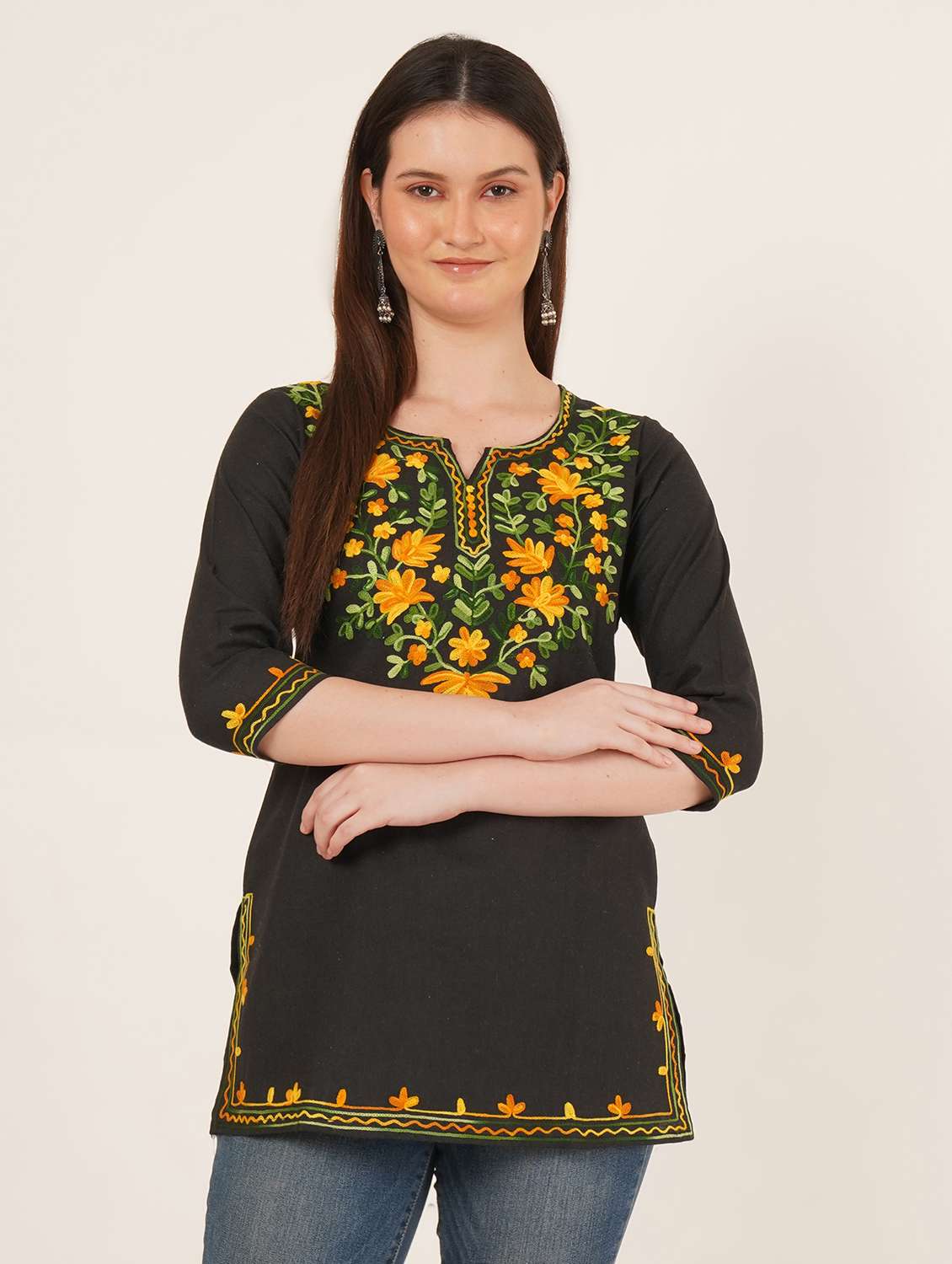 women embroidered three quarter sleeve straight kurti - 22065847 -  Standard Image - 1