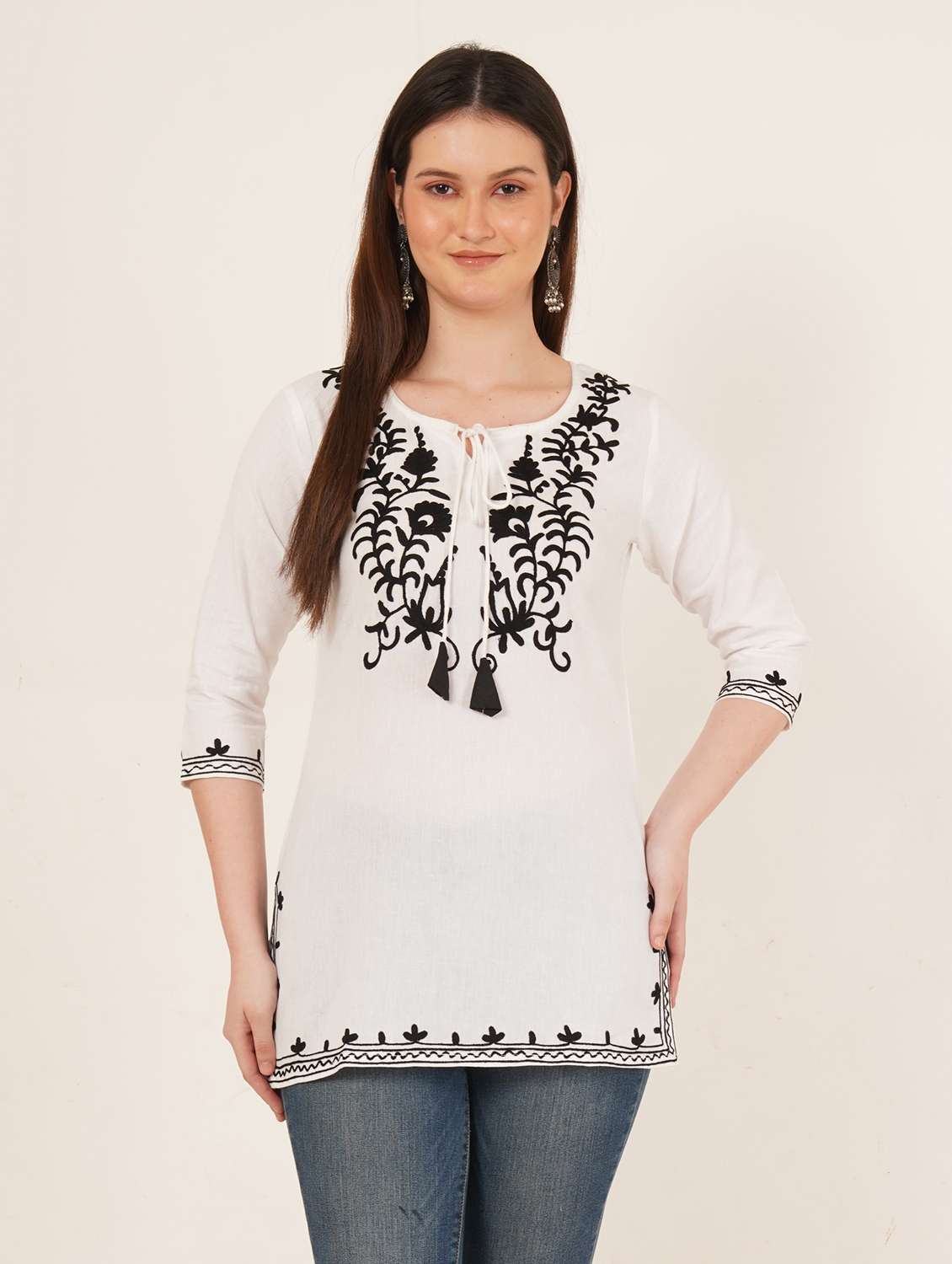 women embroidered three quarter sleeve straight kurti - 22065848 -  Standard Image - 1