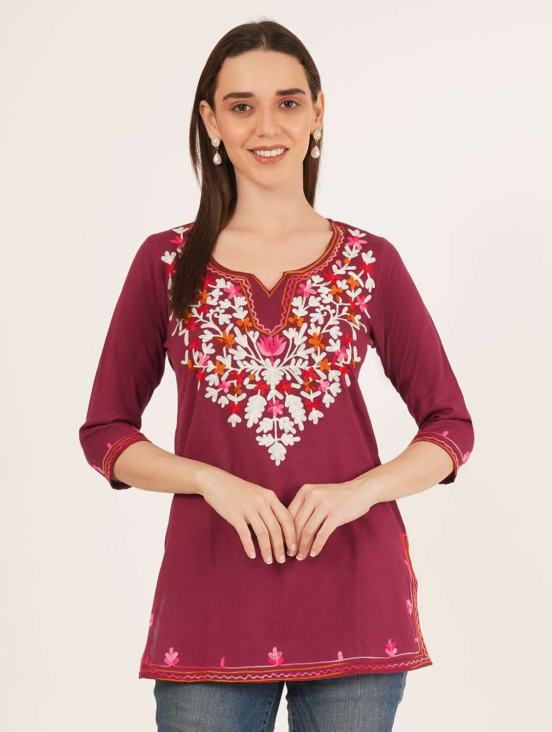 women embroidered three quarter sleeve straight kurti - 22065849 -  Standard Image - 1