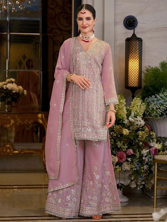 lavender satin kurta sharara set - 22065880 - Standard Image - 1