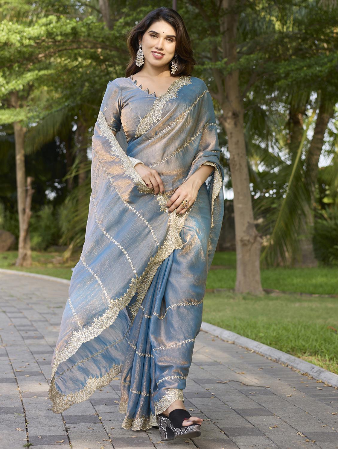 women solid with work embroidered saree with blouse - 22066064 - Standard Image - 1