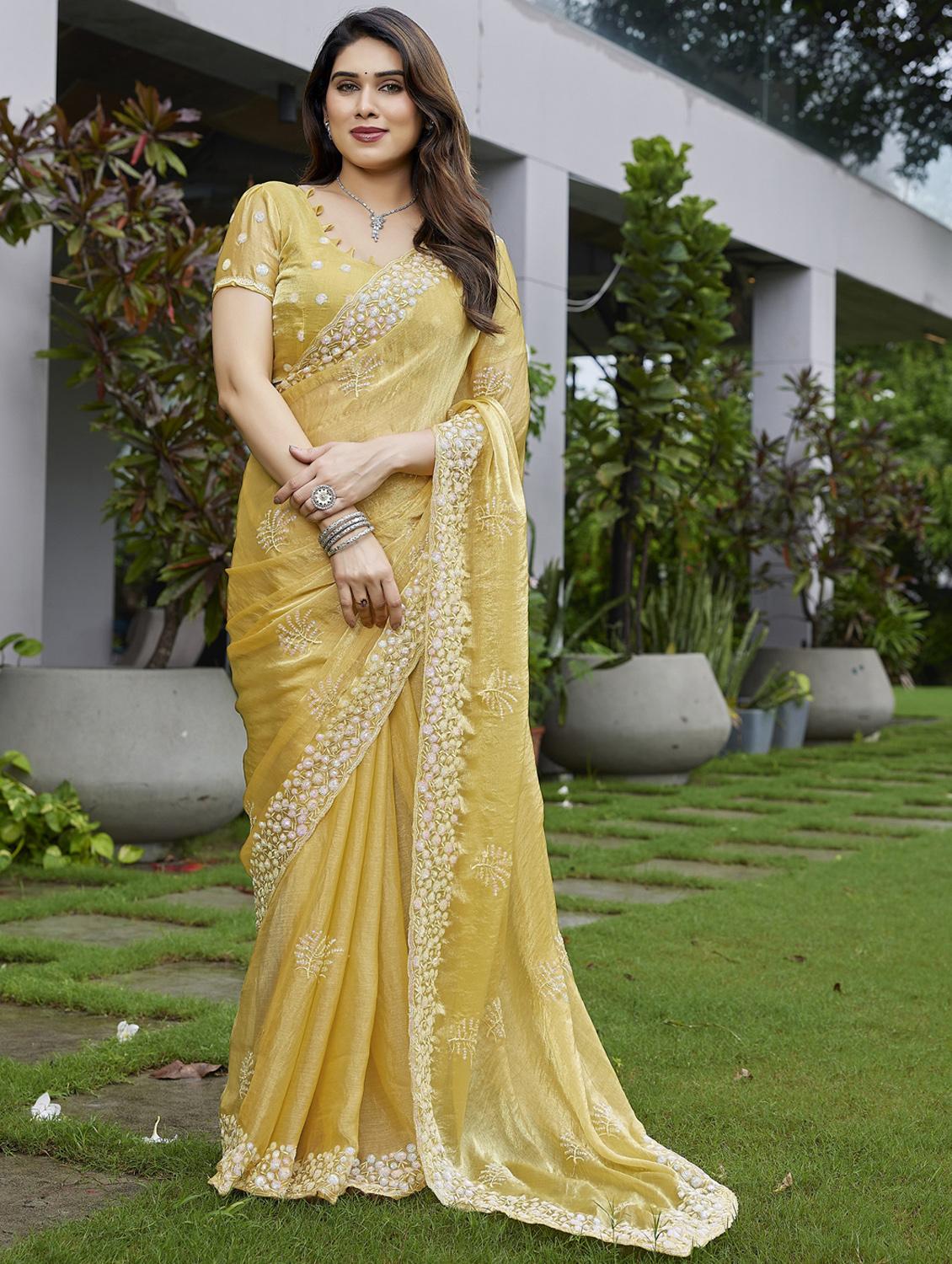 women solid with work embroidered saree with blouse - 22066069 - Zoom Image - 0