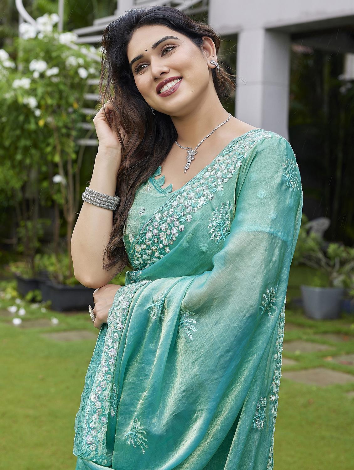 teal chiffon embroidered saree with blouse - 22066070 - Standard Image - 4