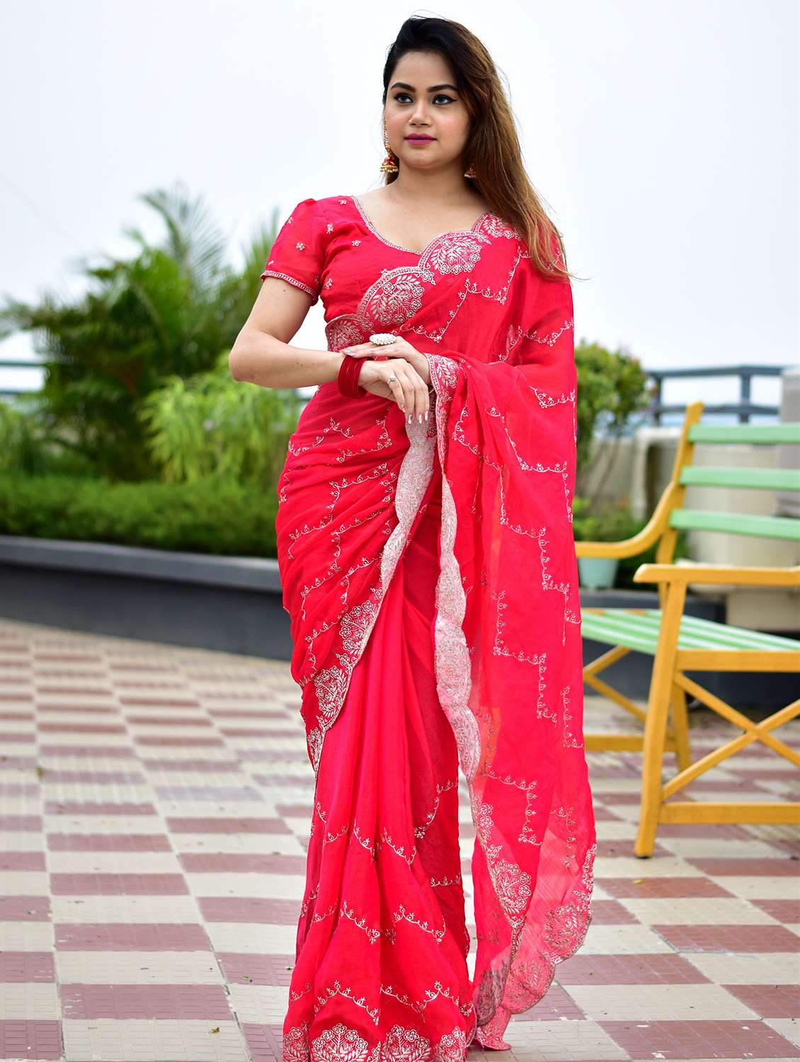 women solid with work embroidered saree with blouse - 22066090 -  Standard Image - 1