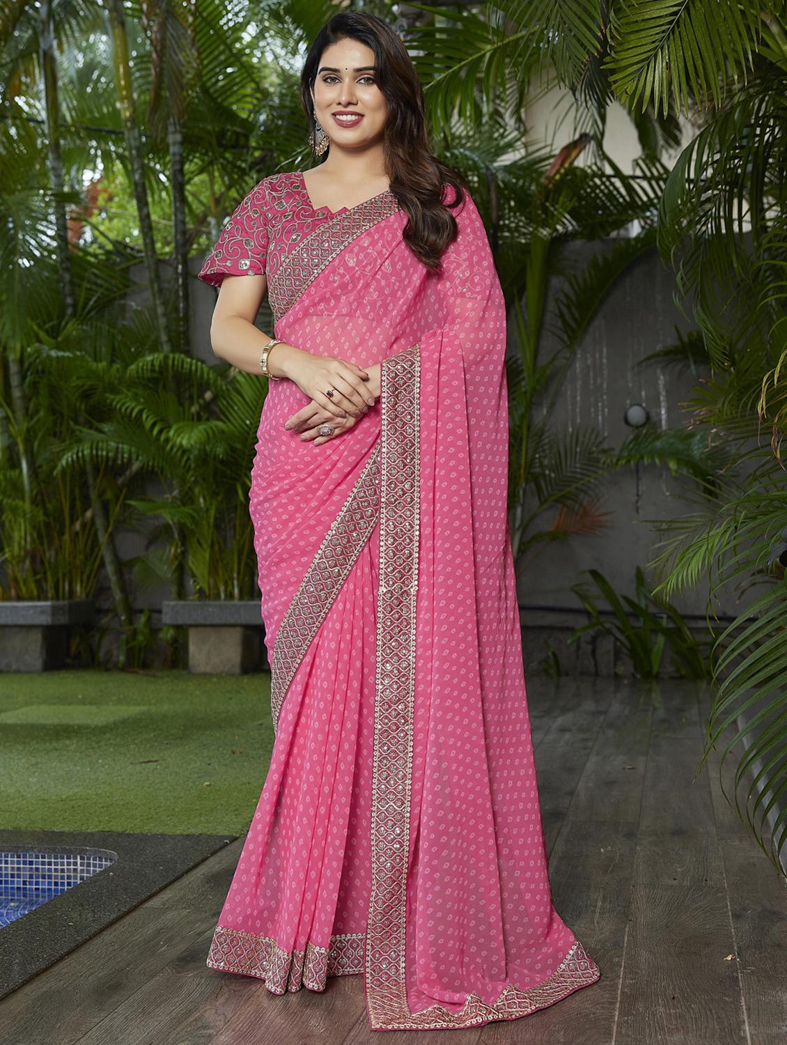 pink georgette bandhani saree with blouse - 22066110 - Zoom Image - 0