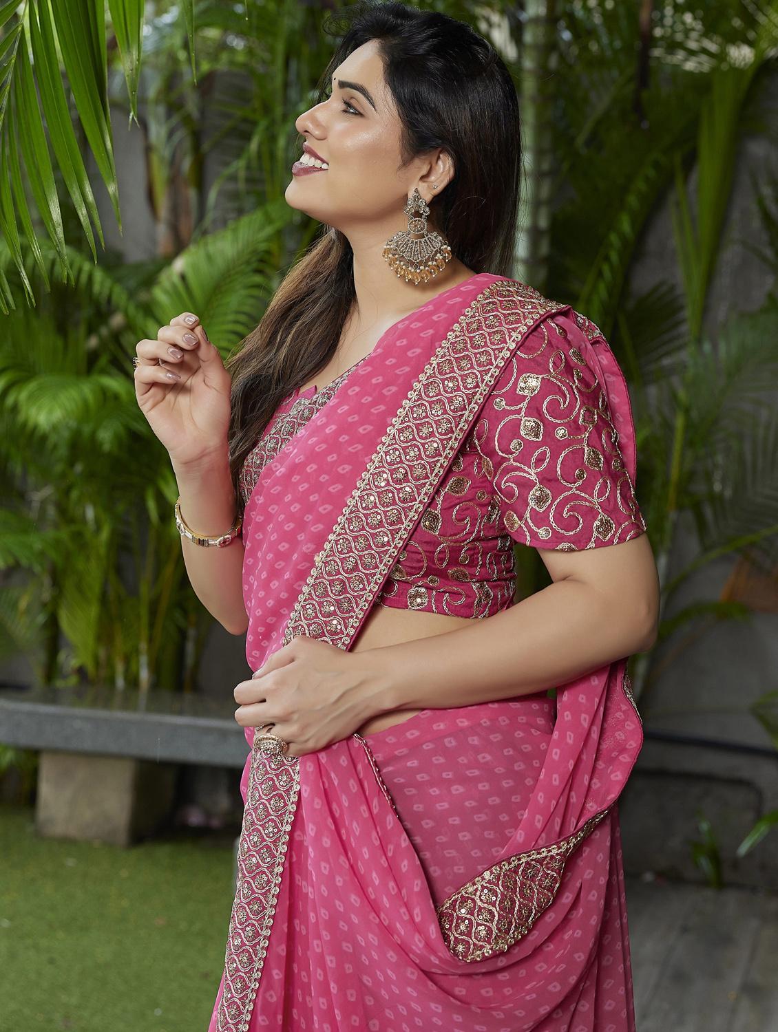 pink georgette bandhani saree with blouse - 22066110 - Standard Image - 4