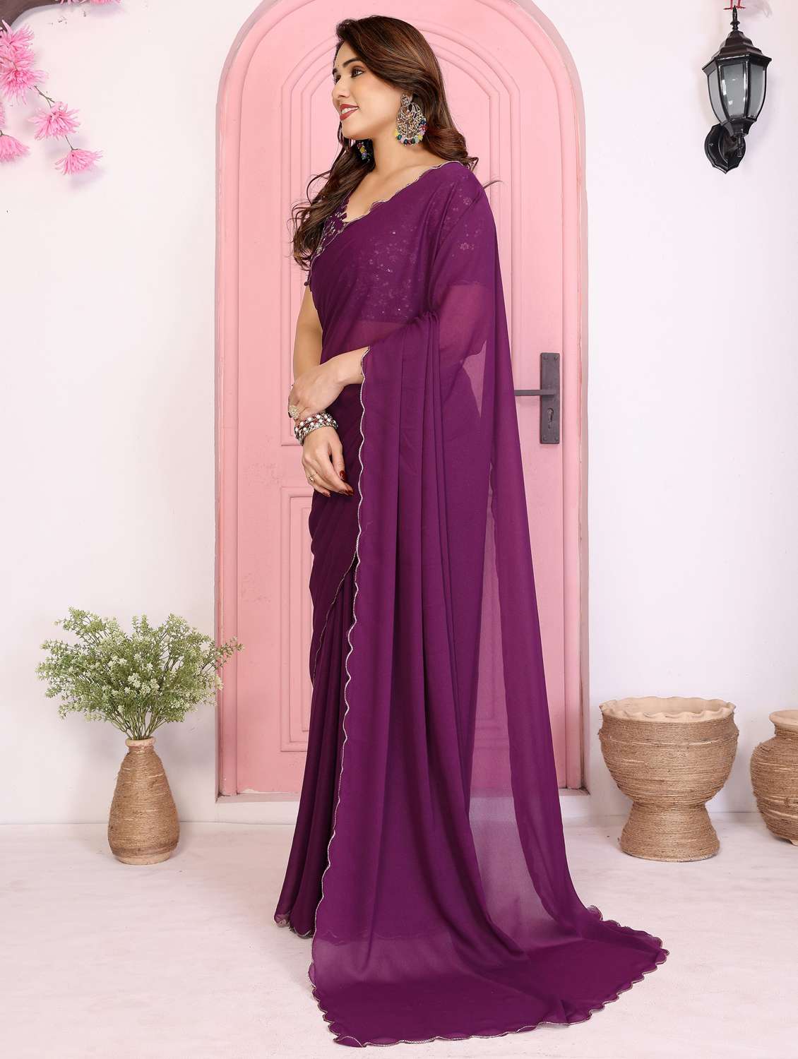 women solid plain saree with blouse - 22066117 - Standard Image - 1