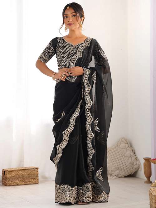 women solid with work embroidered saree with blouse - 22066124 -  Standard Image - 0