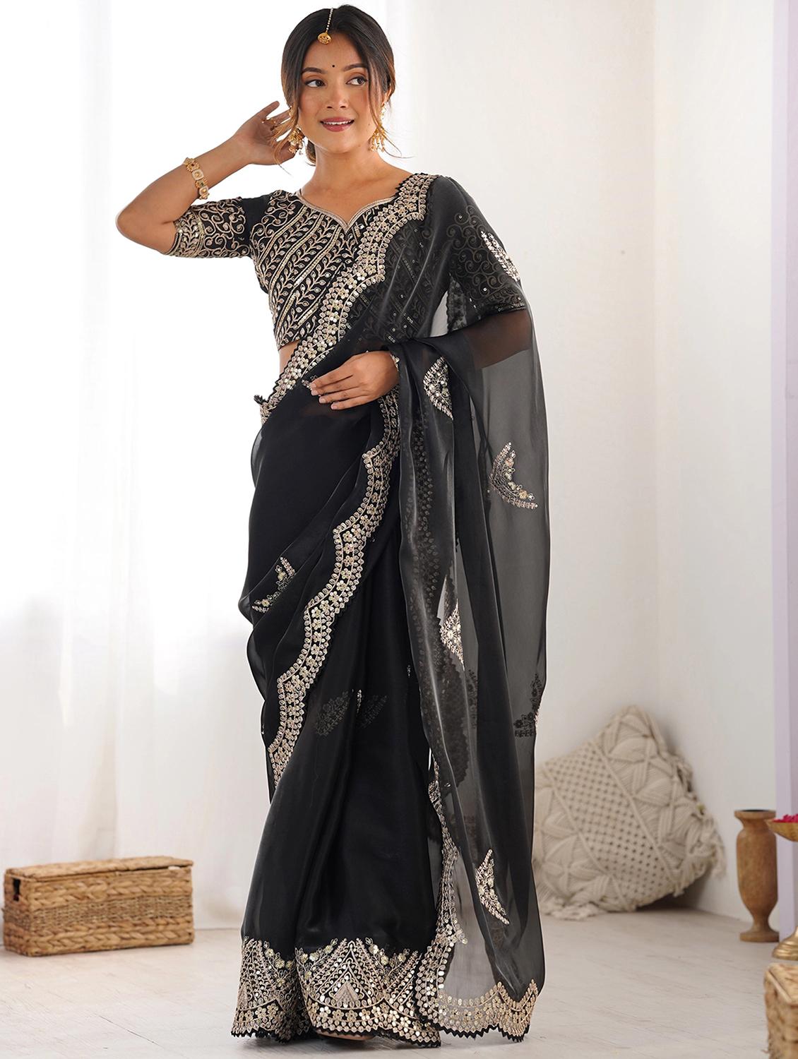 women solid with work embroidered saree with blouse - 22066124 - Standard Image - 1