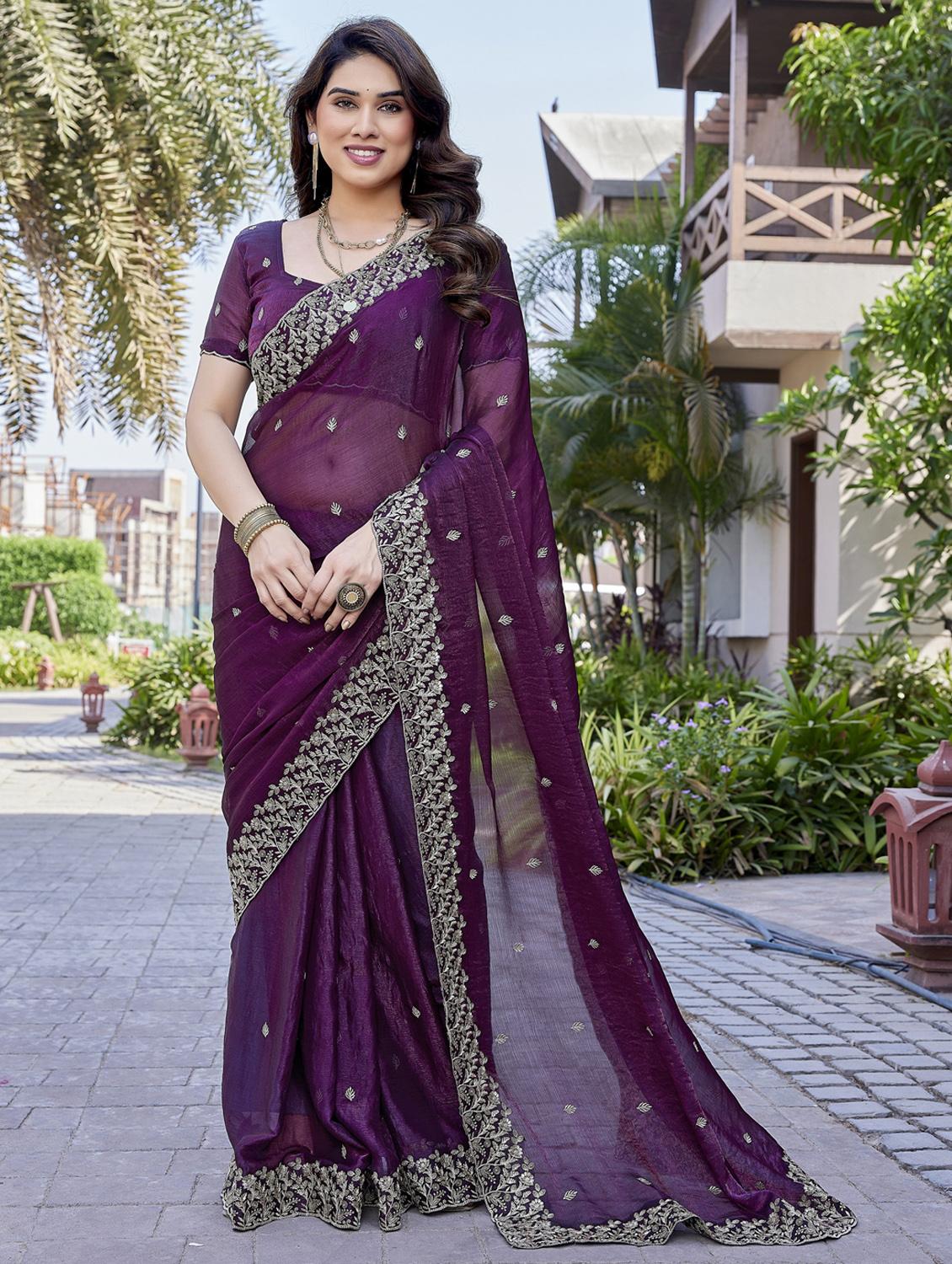 purple chiffon baluchari saree with blouse - 22066131 - Zoom Image - 0