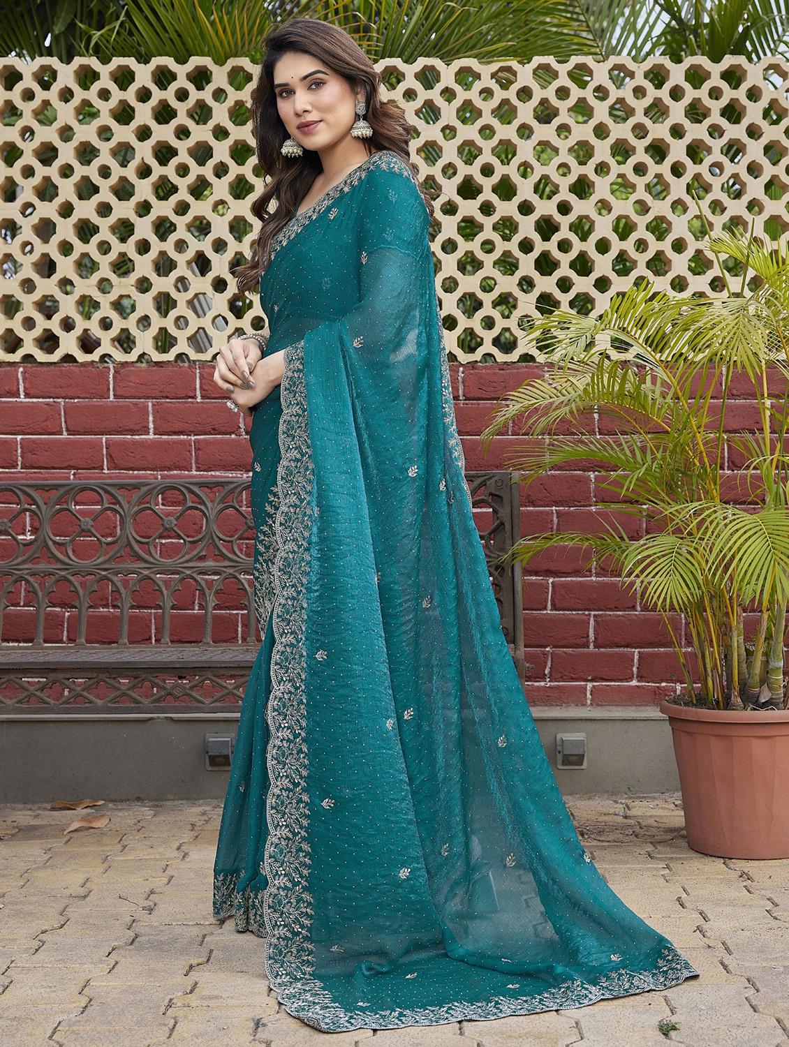 women solid with work embroidered saree with blouse - 22066138 - Standard Image - 1
