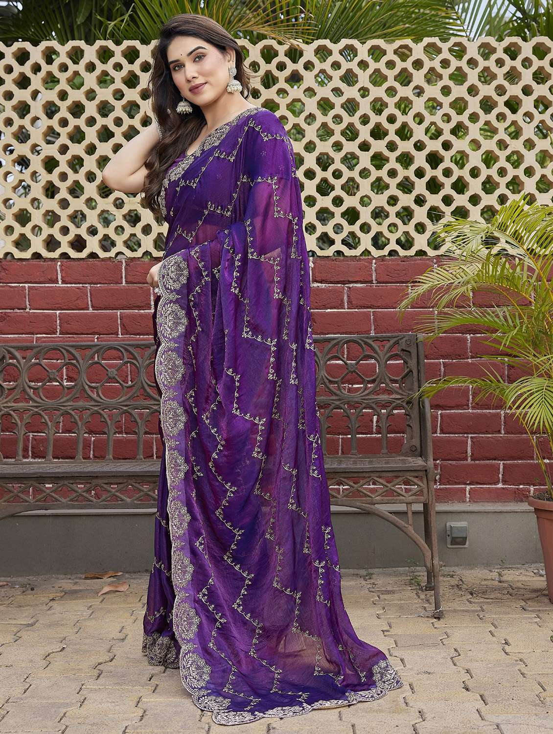 women solid with work embroidered saree with blouse - 22066142 -  Standard Image - 1