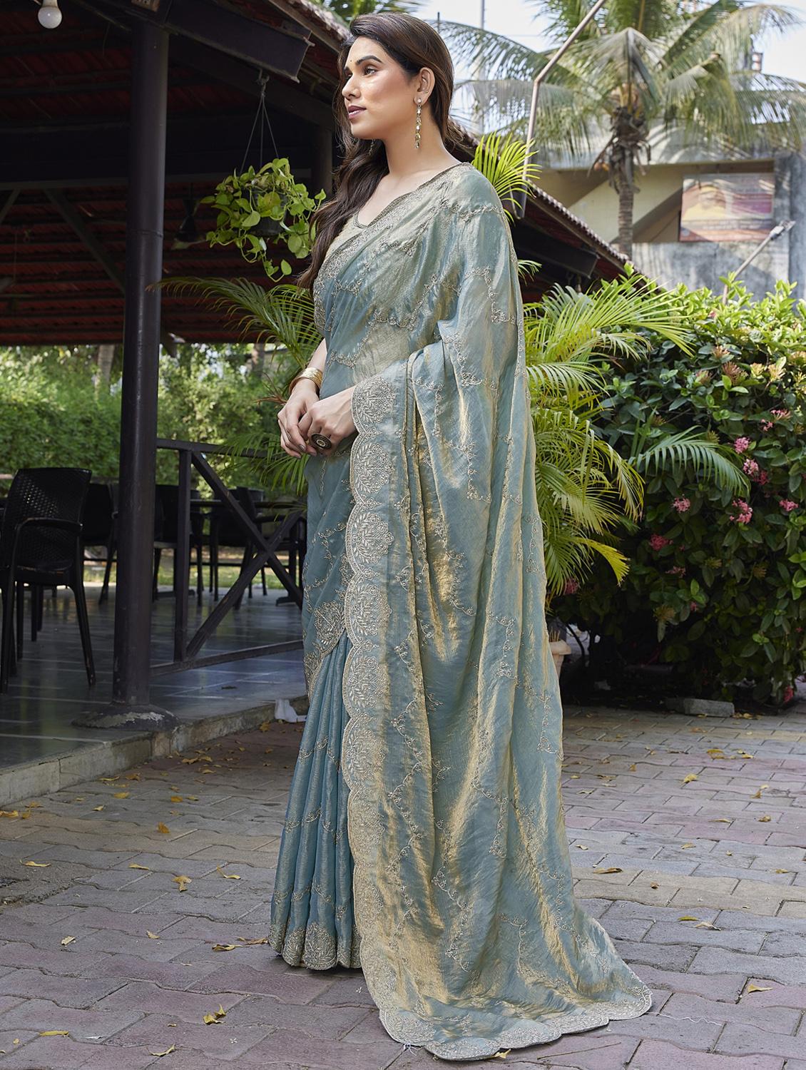 women solid with work embroidered saree with blouse - 22066147 - Standard Image - 1
