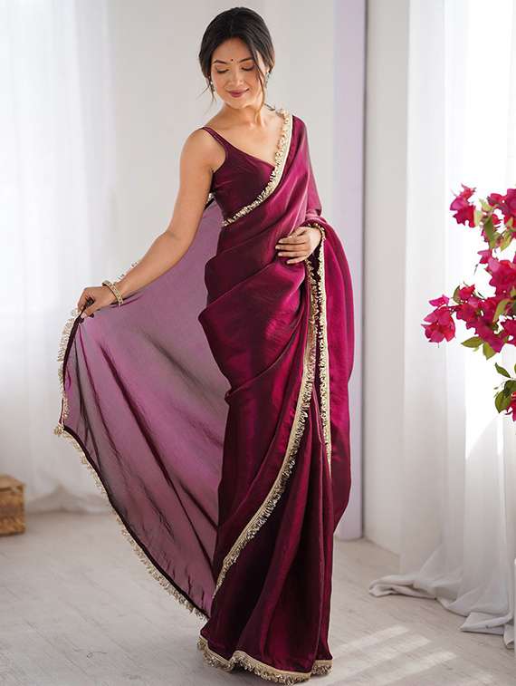 women solid with bordered saree with blouse - 22066206 - Standard Image - 1