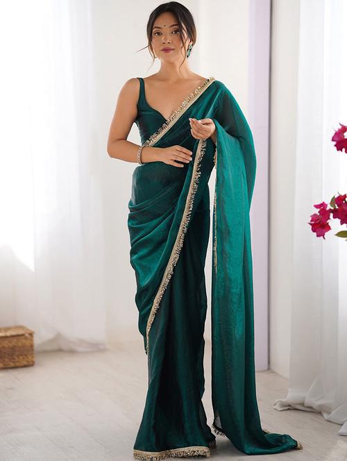 teal chiffon baluchari saree with blouse - 22066209 - Standard Image - 0
