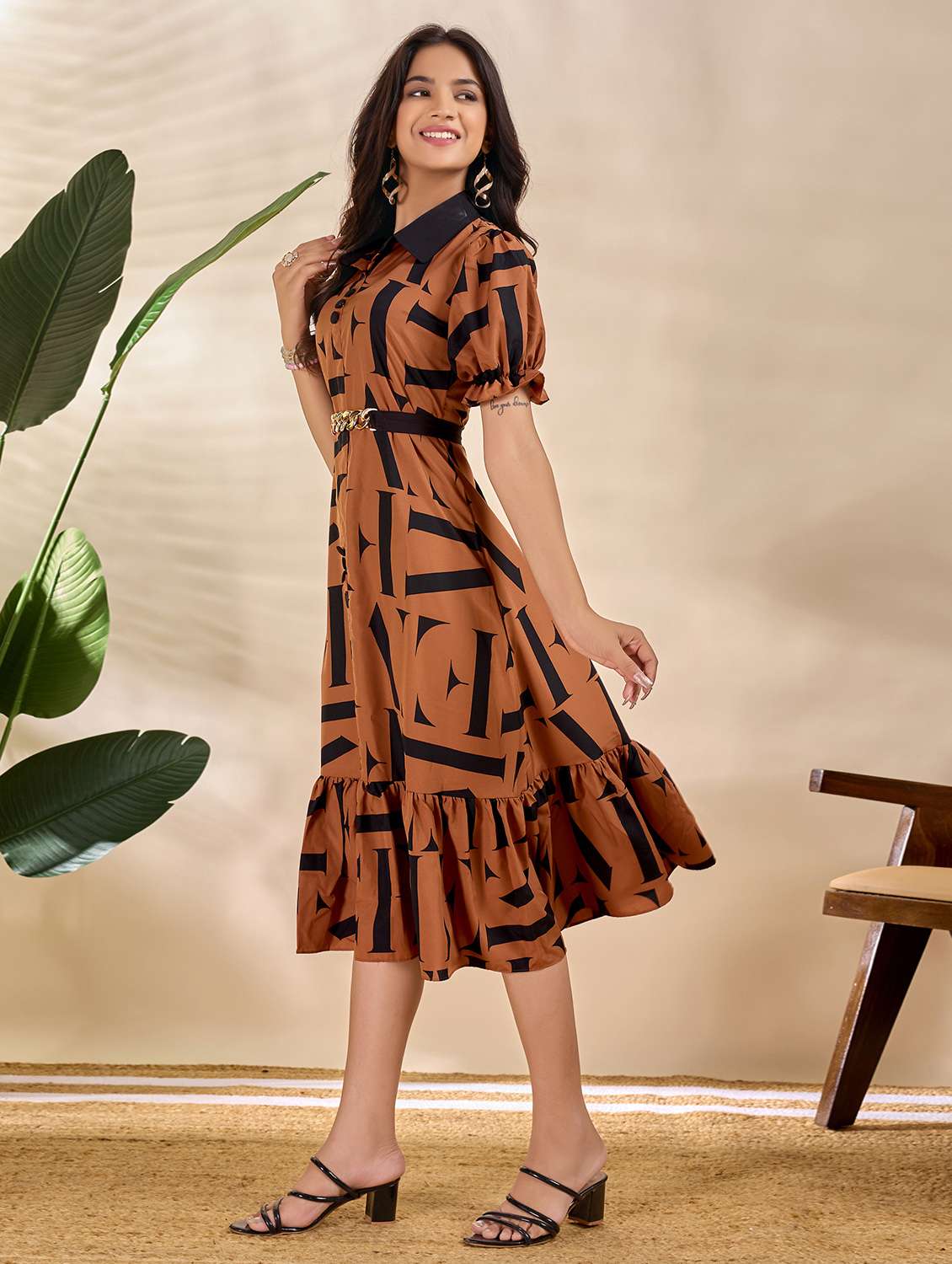 women printed puff sleeve tiered dress - 22066217 -  Standard Image - 1