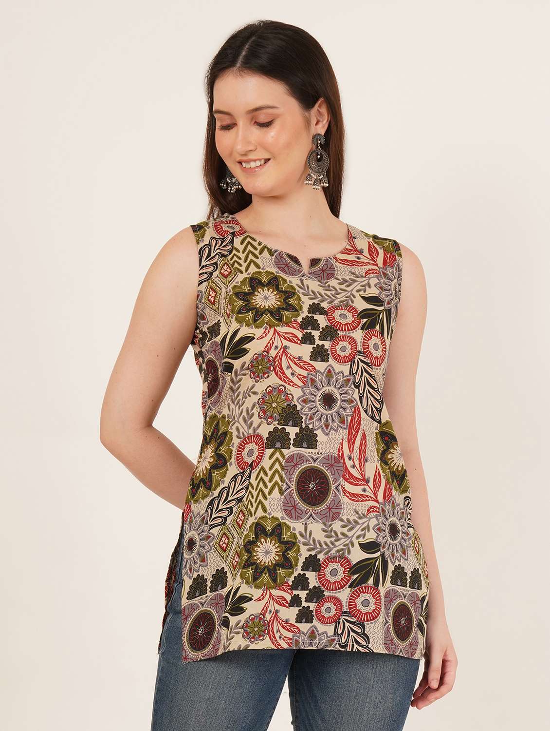 women printed sleeveless straight kurti - 22066245 - Standard Image - 1