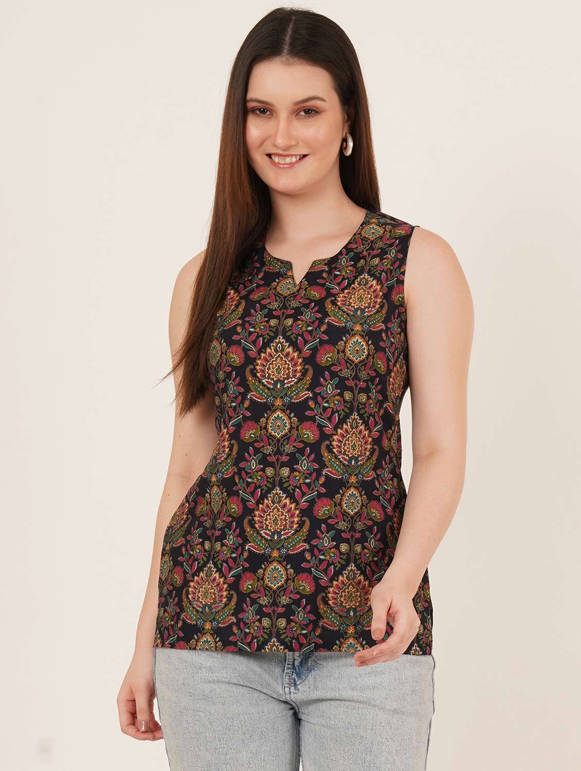 women printed sleeveless straight kurti